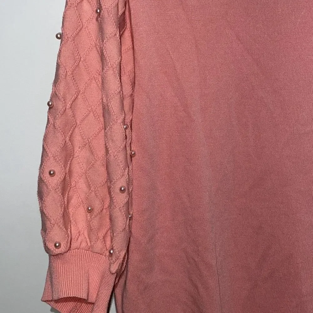 Nanette Lepore Women's Pink Ribbed Knit Beaded‎ Sleeve Pullover Sweater Size XL